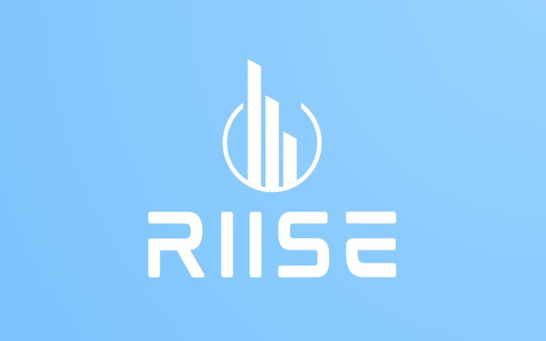 RIISE logo with building skyline graphic, white text on blue background