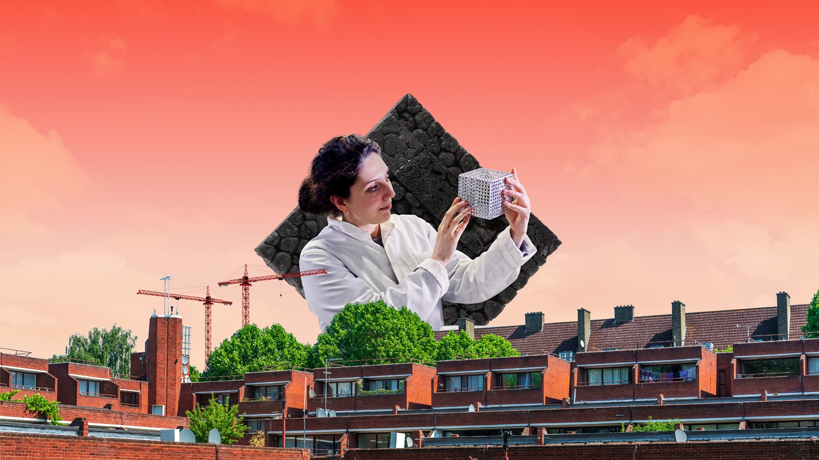Collage shows a woman in a lab coat holding a cube (some kind of climate innovation), against an orange sky, with a city scape in the foreground