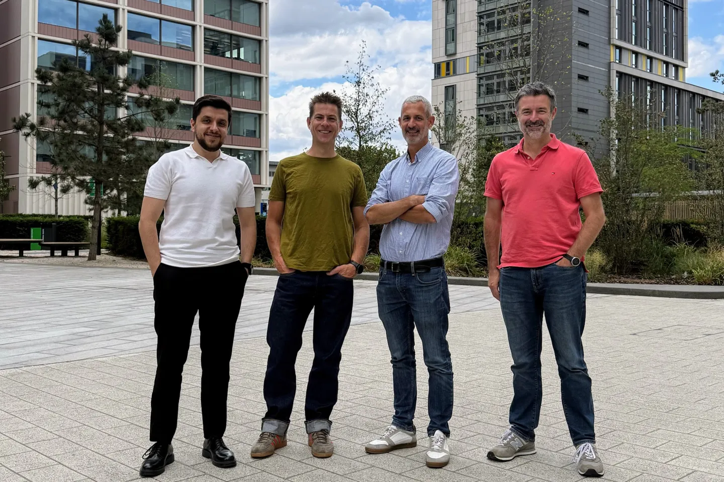 The Certain Energy team on the White City campus. From the left: Dr Ashkan Kavei (Head of Technology Delivery), Dr Mark Selby (Executive Chair), Dr Tim von Werne (Chief Executive) and Chris Evans (Chief Product Officer).
