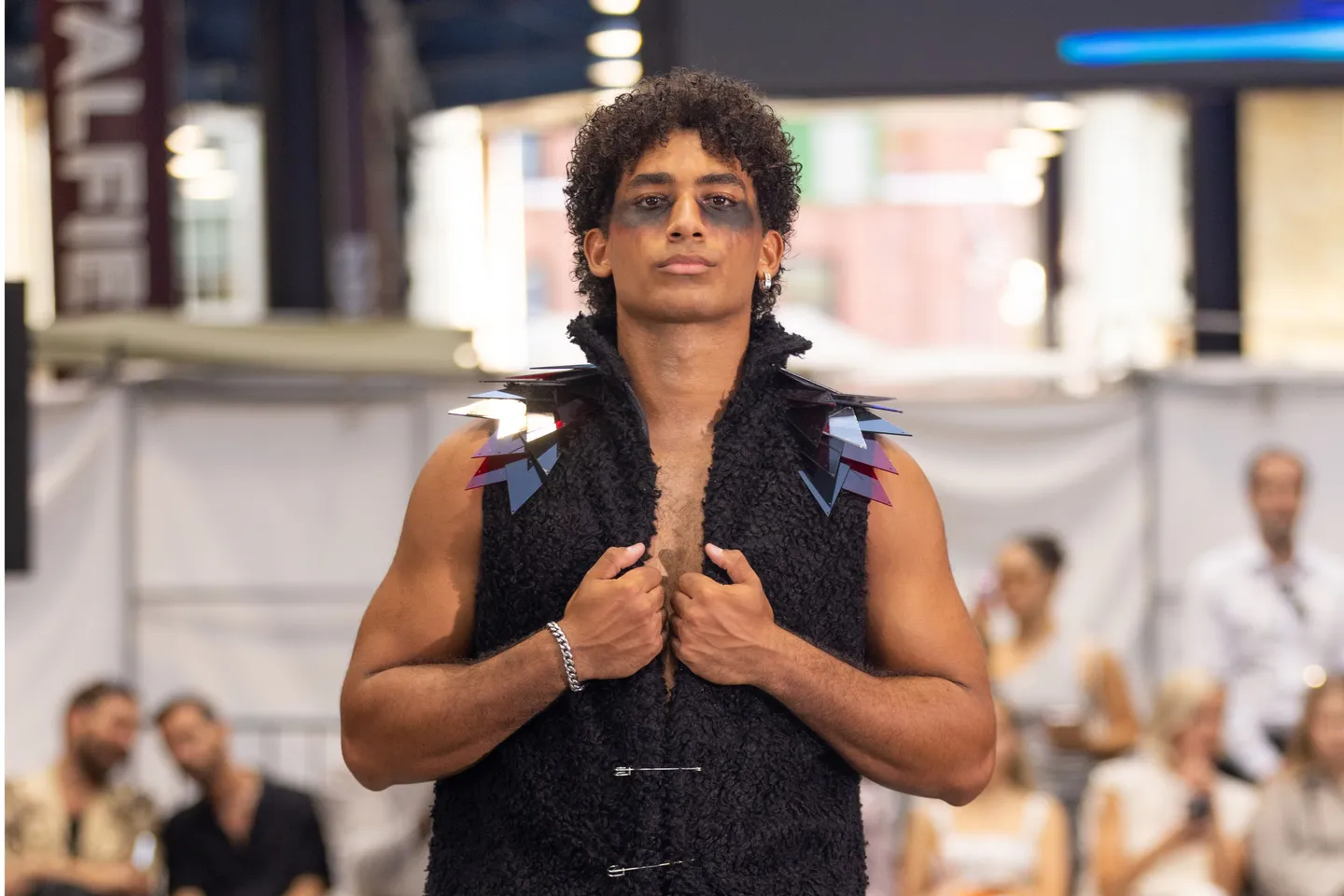 A look from Genaro Rivas' menswear collection featuring Ponda's BioPuff® at Spitalfields Market London 