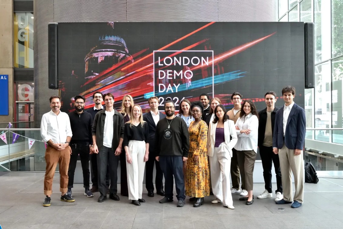 This year's founders pictured inside the main entrance at Imperial before the London Demo Day event