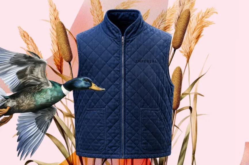 Imperial branded Mallard gilet – insulated with BioPuff®, a material made from bulrush grown on restored wetlands rather than oil or animal products.